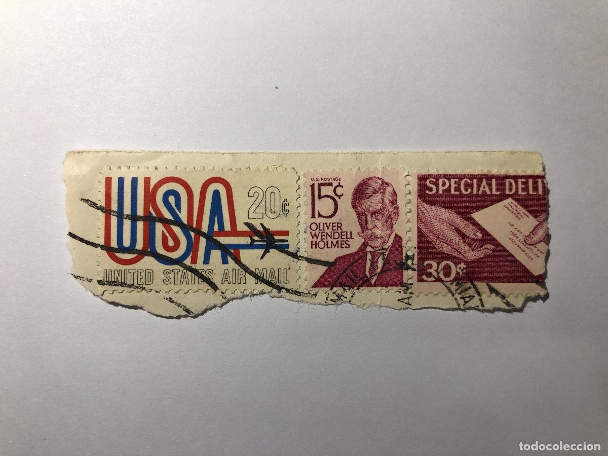 Sellos: Tres sellos postales de Correos de Estados Unidos. 15, 20 y 30 centavos. (1957 y 1968)