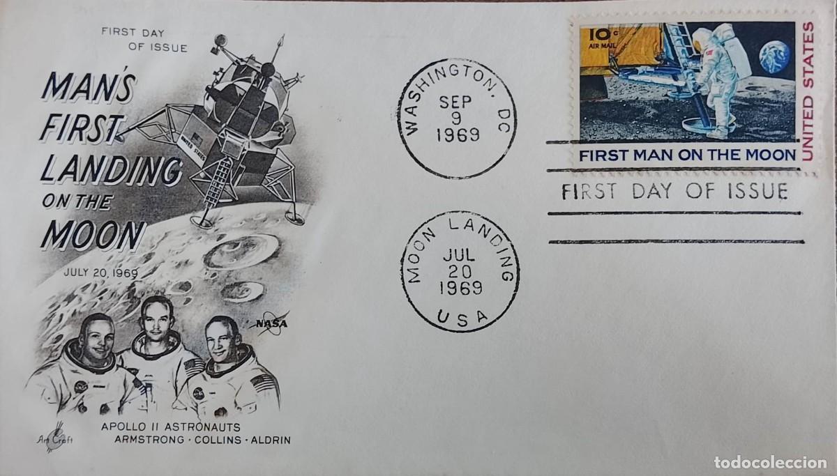 Sellos: TS) 1969, UNITED STATES, FIRST DAY COVER COMMEMORATING THE APOLLO 11 MOON LANDING AND MAN'S FIRST ST