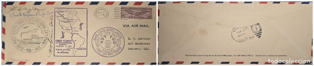 Sellos: O) 1931 UNITED STATES - USA, FIRST FLIGHT TWIN CITIES PEMBINA EXTENSION , WINGED GLOBE, GRAND FORKS