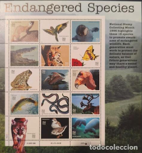 Briefmarken: EE.UU. USA 1996 - Pliego / Hojita Bloque &rdquo;Endangered Species&rdquo; (Especies en Peligro de Extinci&oacute;n