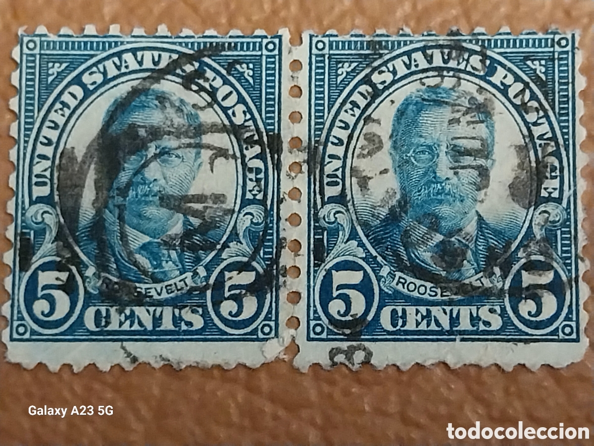 Stamps: Pareja Sellos USA 1927 Theodore Roosevelt 5c Azul Usados Cat. Scott 637