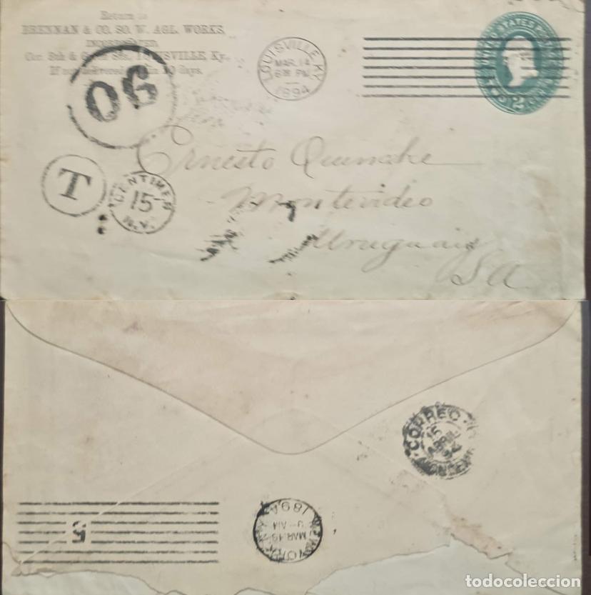Selos: TS.) 1894, UNITED STATES, POSTAL STATIONERY, SENT FROM LOUISVILLE, KENTUCKY, TO MONTEVIDEO BY THE &rdquo;S