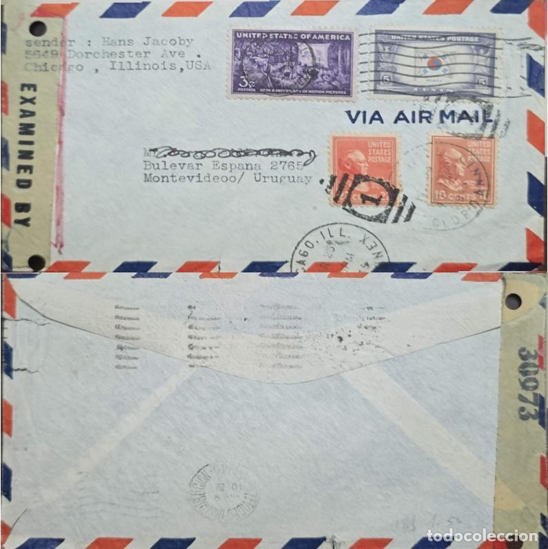 Selos: TS.) 1950, UNITED STATES, AIRMAIL, SENT FROM CHICAGO, ILLINOIS TO MONTEVIDEO, FOUR STAMPS: TOP LEFT