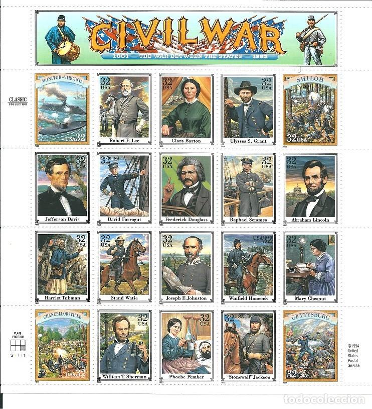 Sellos: Hoja postal 20 sellos USA (1994), CIVIL WAR 1861 -1865 THE WAR BETWEEN THE STATES