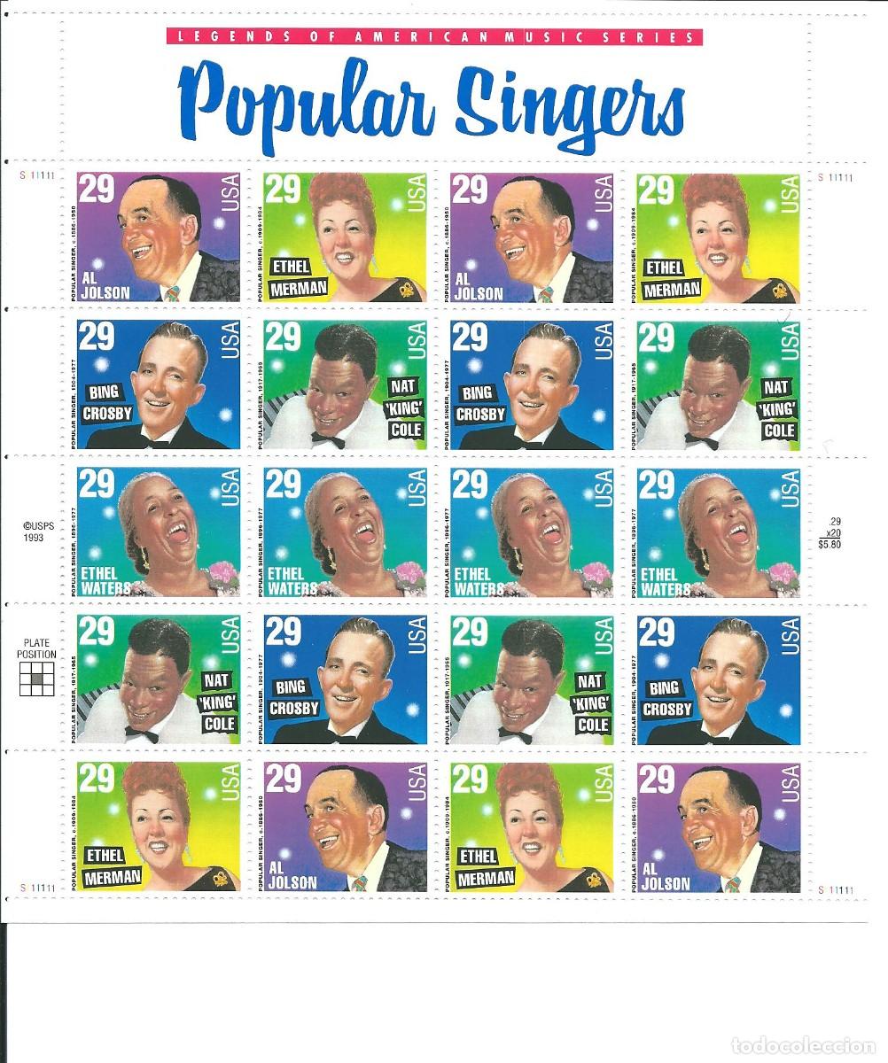 Sellos: Hoja postal 20 sellos USA (1993), POPULAR SINGERS &ndash; 20 US Postage sheet