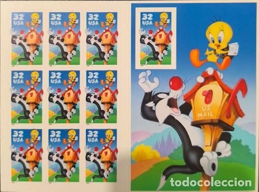 Timbres: EE.UU. 1998. Hoja Souvenir / Carn&eacute; Completo: Silvestre y Piol&iacute;n (Looney Tunes - USPS). 10 Sellos MNH
