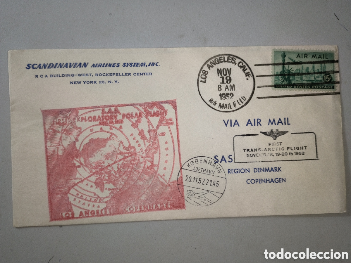 Sellos: Usa,sobre primer vuelo trans-artico de scandinavian airlines,a&ntilde;o 1952