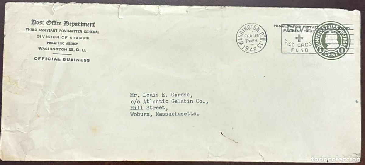Timbres: MI) 1948 UNITED STATES, POSTAL STATIONARY, SLOGAN CANCELLATION, COVER SENT FROM WASHINGTON TO MASSAC