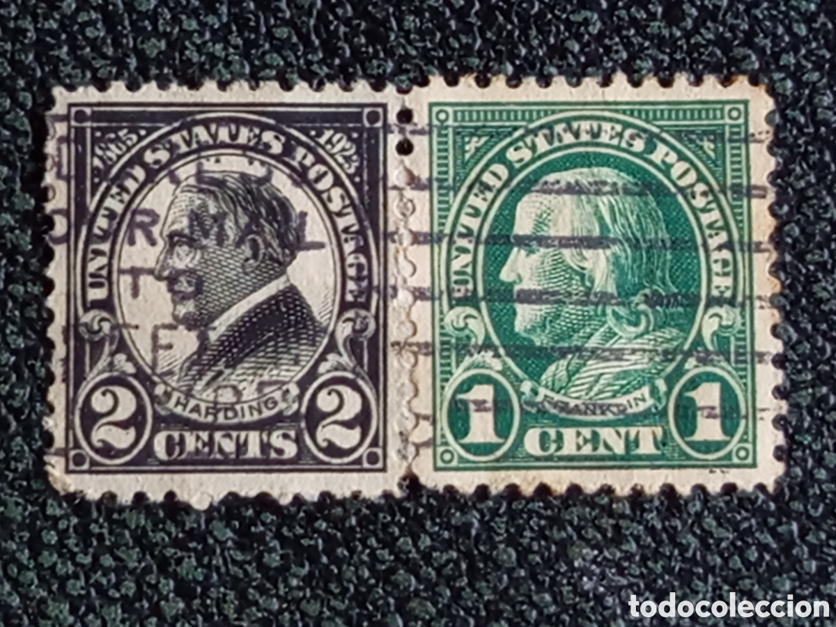 Sellos: Lote 2 Sellos EE.UU. 1923 Harding 2c Negro y Franklin 1c Verde Usados (Scott #610 y #552)