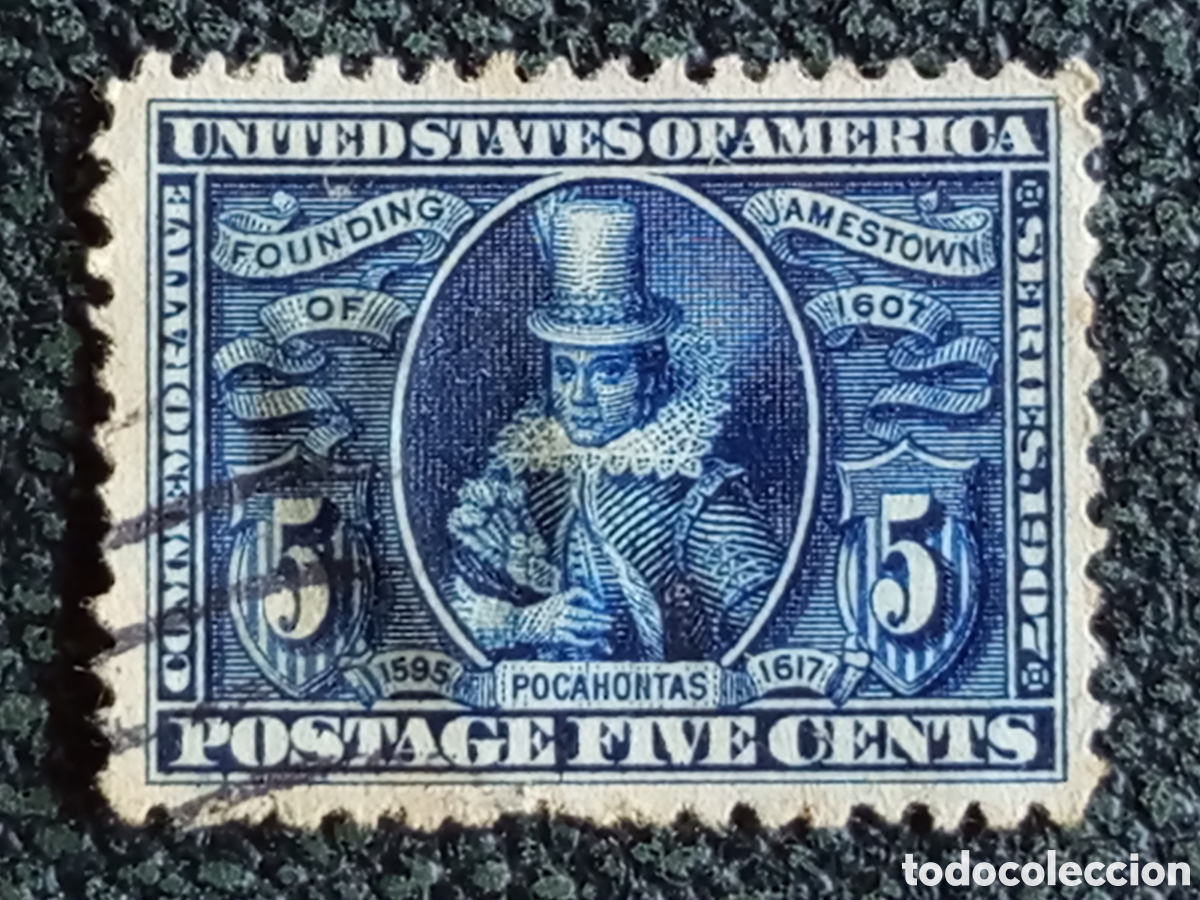 Francobolli: Sello EE.UU. 1907 Pocahontas Exposici&oacute;n Jamestown 5c Azul Usado (Cat&aacute;logo Scott #330 / Yvert #166)