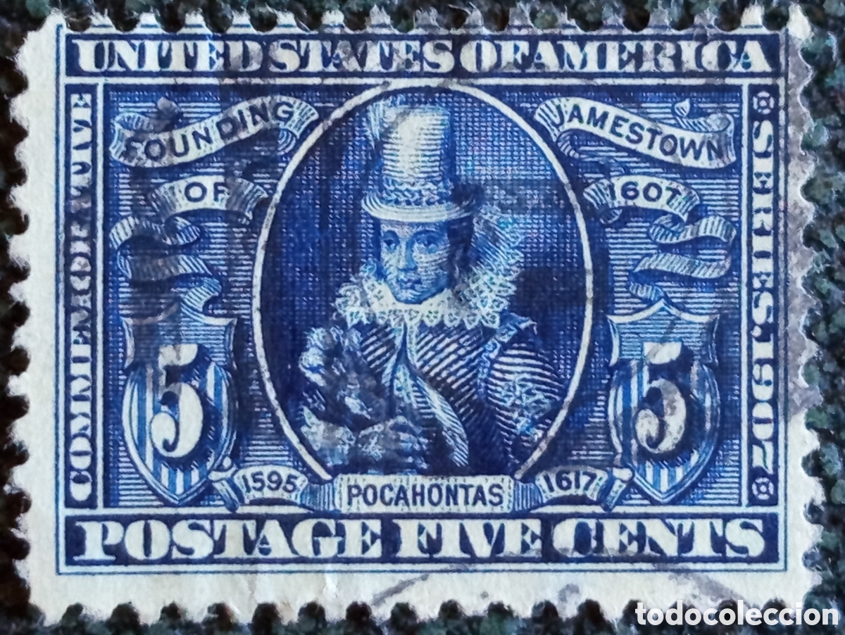 Sellos: Sello USA 1907 Exposici&oacute;n Jamestown 5 Cents Azul Usado - Michel 157