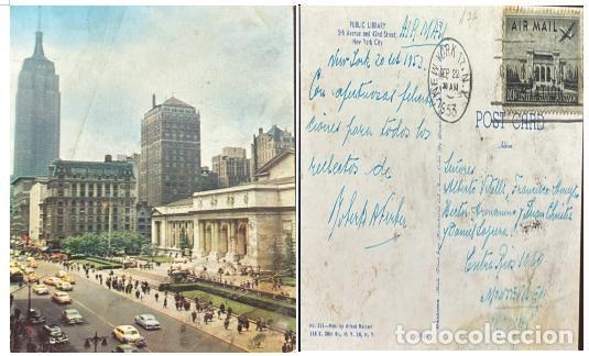 Sellos: MI) 1953 UNITED STATES, POSTCARD SENT FROM NEW YORK TO MONTEVIDEO, URUGUAY, VIA AIRMAIL; FEATURES AN