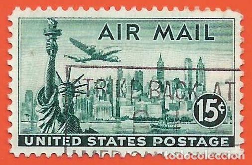 Sellos: Estados Unidos. 1947. Scott # C35. Skyline de Nueva York. Estatua de la Libertad y Avion