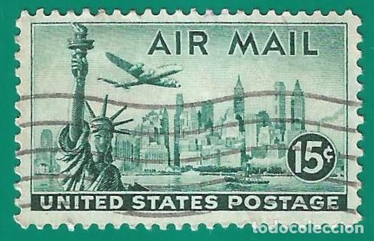 Sellos: Estados Unidos. 1947. Scott # C35. Skyline de Nueva York. Estatua de la Libertad y Avion