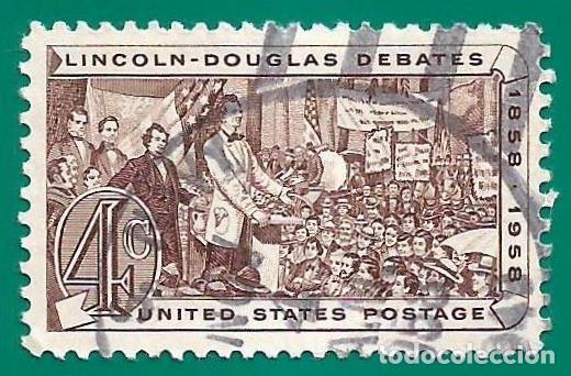 Sellos: Estados Unidos. 1958. Scott # 1115. Debate de A. Lincoln y Stephen A. Douglas