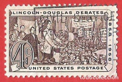 Sellos: Estados Unidos. 1958. Scott # 1115. Debate de A. Lincoln y Stephen A. Douglas