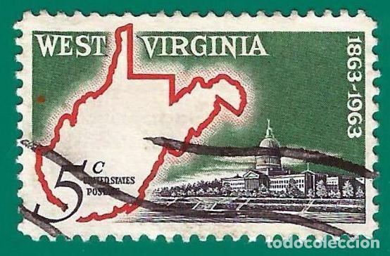 Sellos: Estados Unidos. 1963. Scott # 1232. Estado de Virginia del Oeste. Mapa