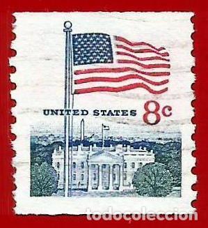 Sellos: Estados Unidos. 1971. Scott # 1338G. Bandera y Casa Blanca