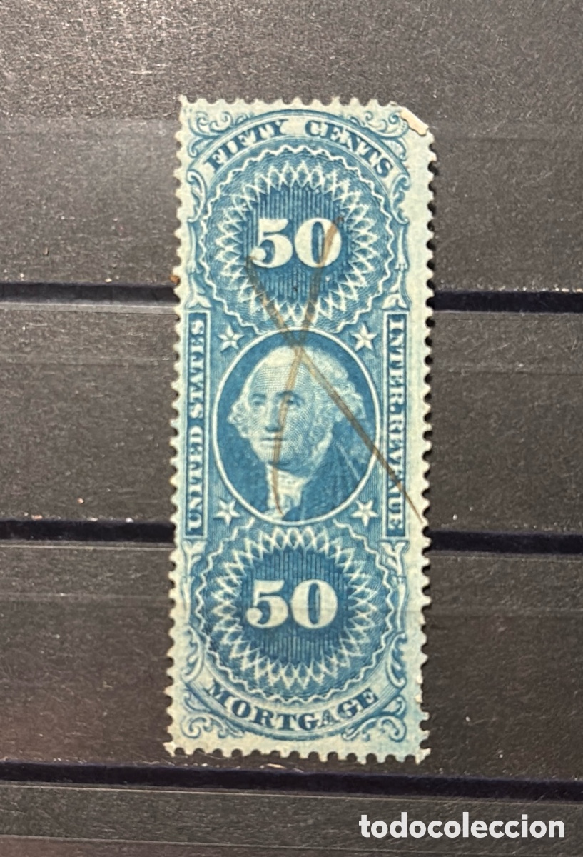 Sellos: Sello USA 1862 R69c Mortage 50c Fifty cents Azul First issue Revenue cancel manuscrito Washington