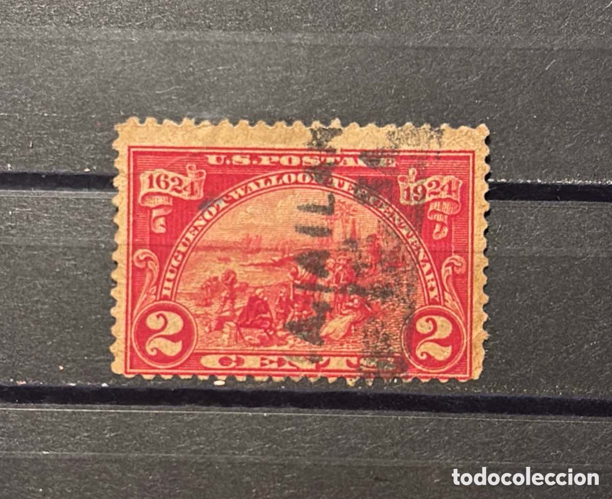 Sellos: Sello USA 1924 2 cents scott 614 Huguenot-walloon tercentenary rojo desembarco