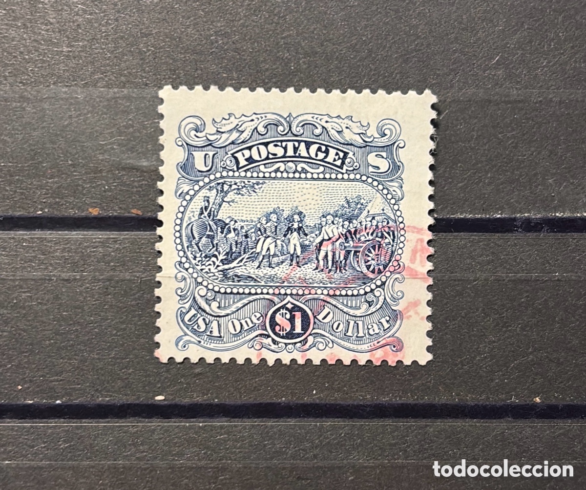 Sellos: Sello USA 1862-71 facsimil/reprint us postage 1dollar escena de batalla azul
