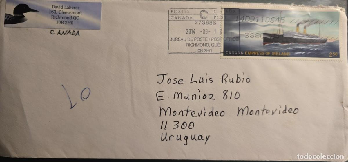Sellos: MI) 2014 CANADA, AIRMAIL, COVER SENT FROM QUEBEC TO MONTEVIDEO,H. 209. CENTENARY OF THE SINKING OF T
