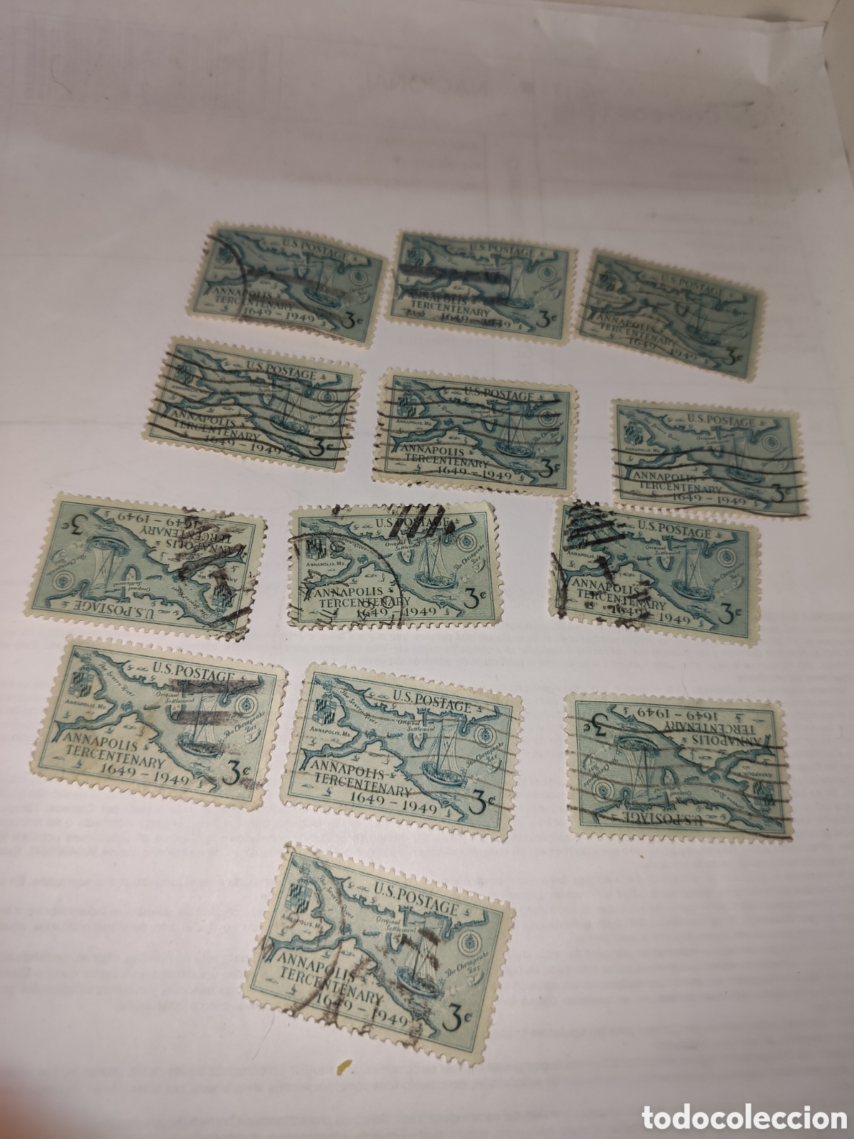 Sellos: 13 sellos de Estados Unidos Tricentenario de Annapolis 1949