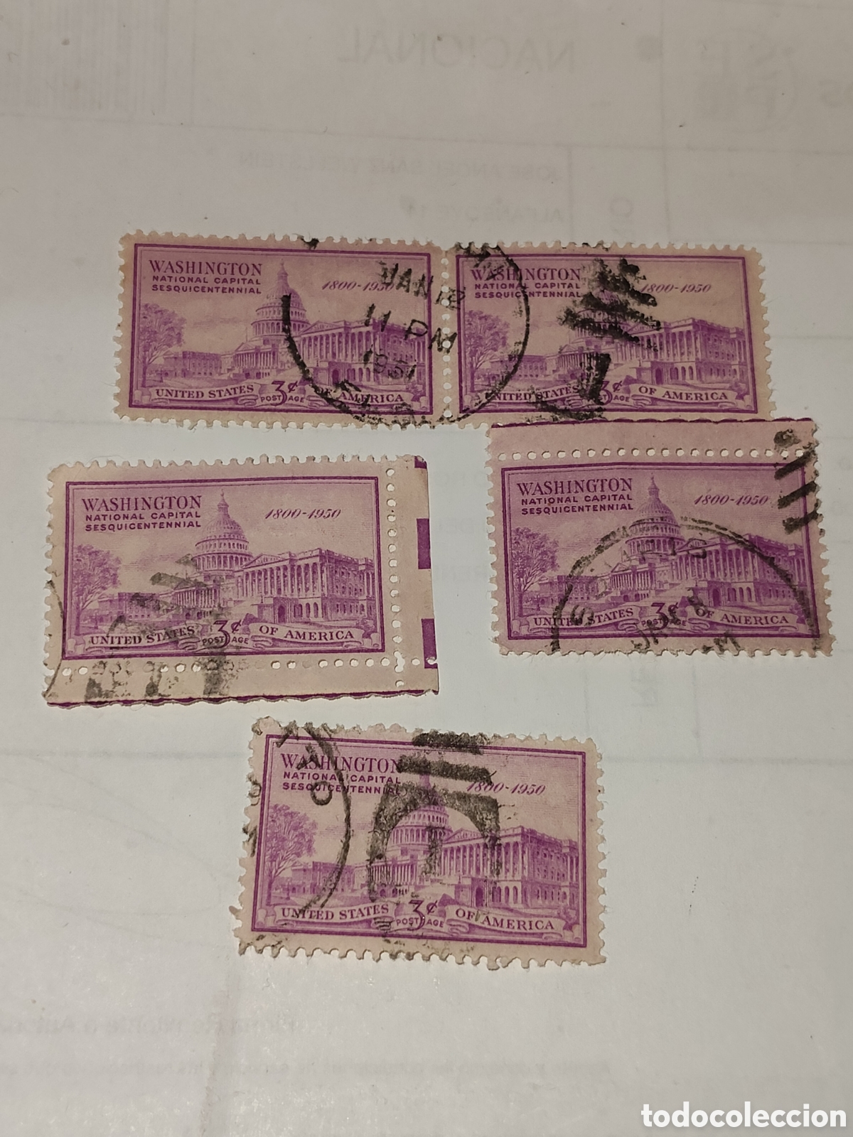 Sellos: 5 sellos de Estados Unidos 150 aniversario del Capitolio 1950