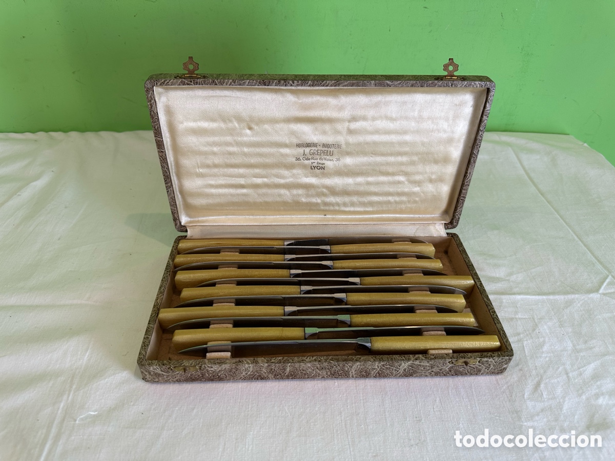 Sellos: Estuche antiguo cuchillos GREPPOUX Lyon juego mesa mango marfil colecci&oacute;n vintage
