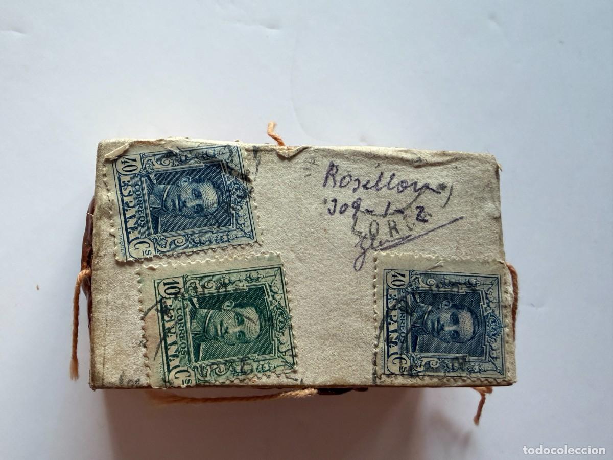 Sellos: Cubierta postal cajita madera franqueo Alfonso XIII 90 cts sellos Vaquer y lacres SP c. 1920