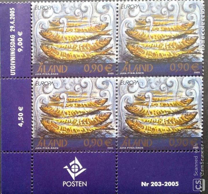 Briefmarken: Aland. 251 Europa-Cept: La gastronom&iacute;a: Sardinas ahumadas, en bloque de cuatro. 2005. Sellos nuevos