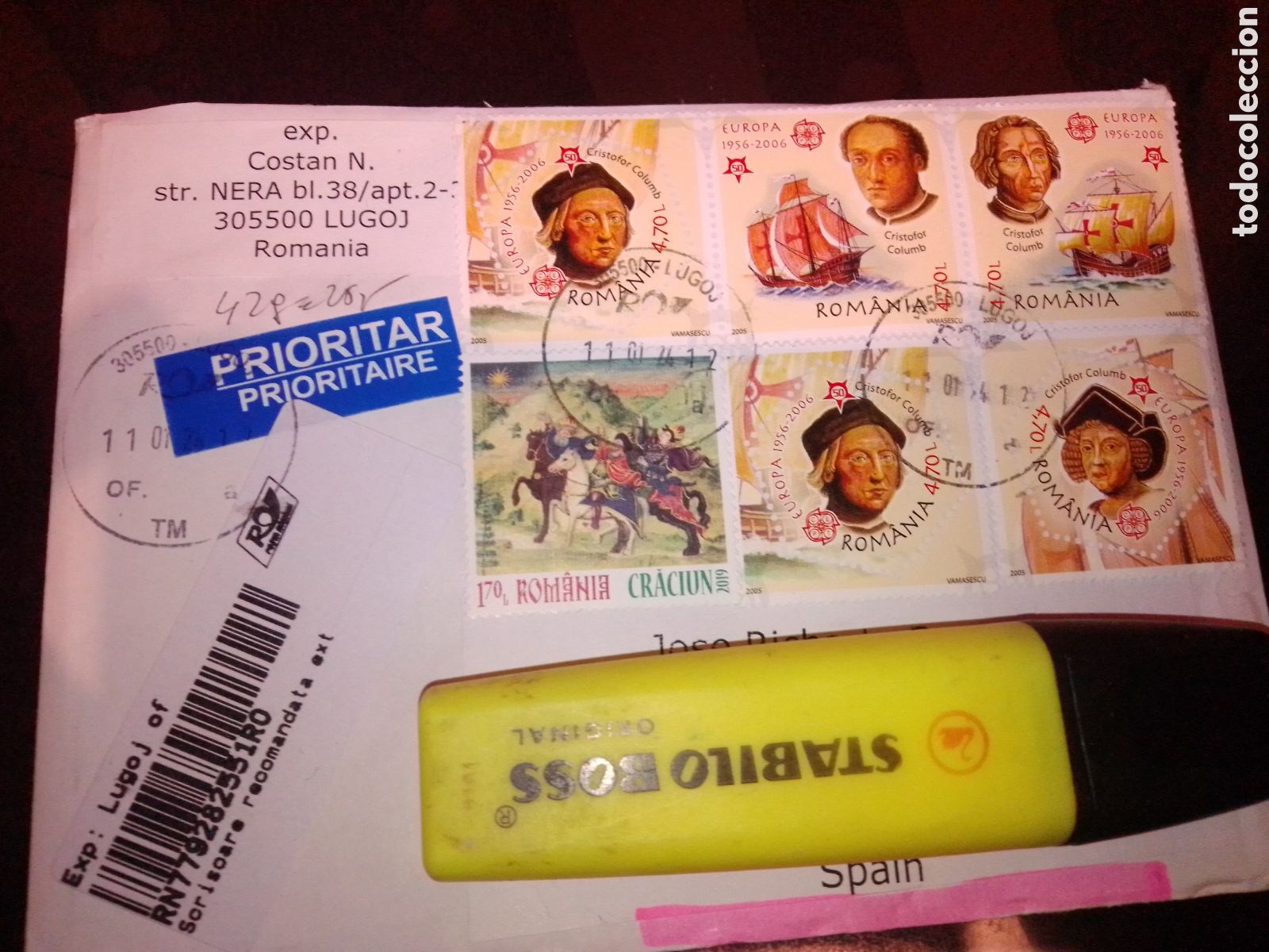 Selos: Sobre franqueado Ruman&iacute;a CEPT Col&oacute;n