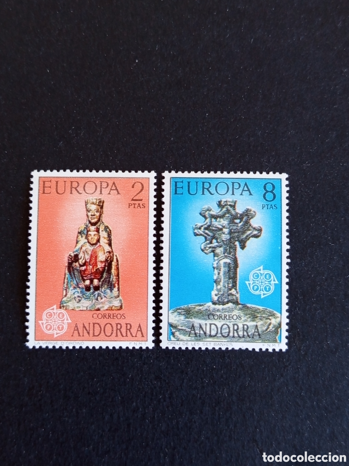 Sellos: Andorra Espa&ntilde;ola, 1974. Europa Virgen de Ordino; Cruz Siete brazos. Edifil 89/90.Pedido m&iacute;nimo 3 &euro;