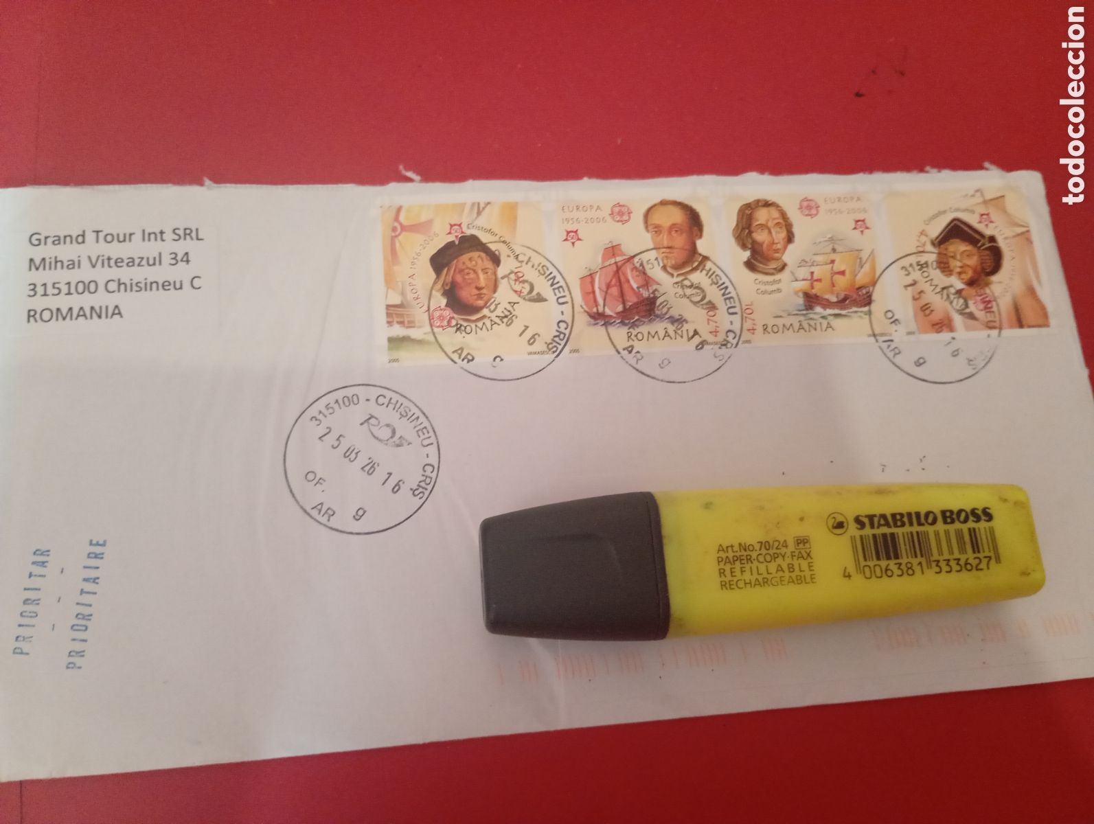 Sellos: Sobre franqueado Ruman&iacute;a Col&oacute;n Cept