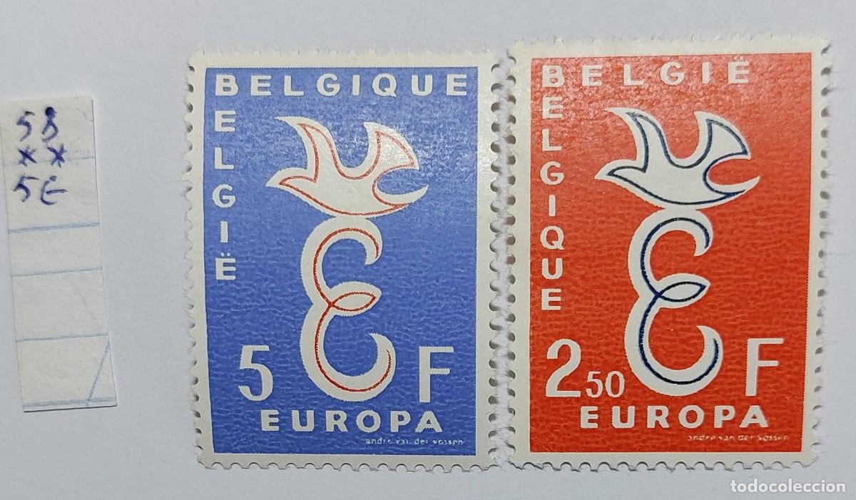 Sellos: B&eacute;lgica 1958 Europa CEPT, letra &rdquo;E&rdquo; estilizada y una paloma , ** MNH