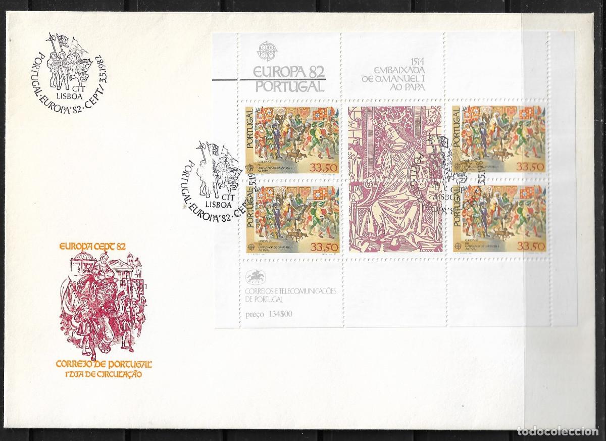 Sellos: EUROPA CEPT 1982, PORTUGAL, SOBRE PRIMER D&Iacute;A FDC. DE LA HOJA BLOQUE.