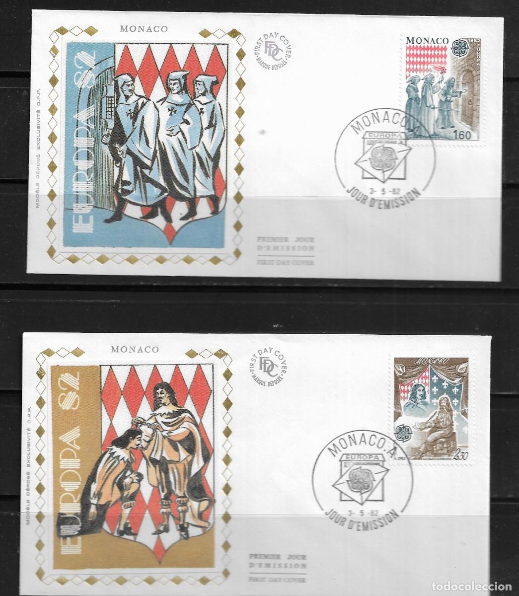 Sellos: EUROPA CEPT 1982, M&Oacute;NACO, SOBRES PRIMER D&Iacute;A FDC.