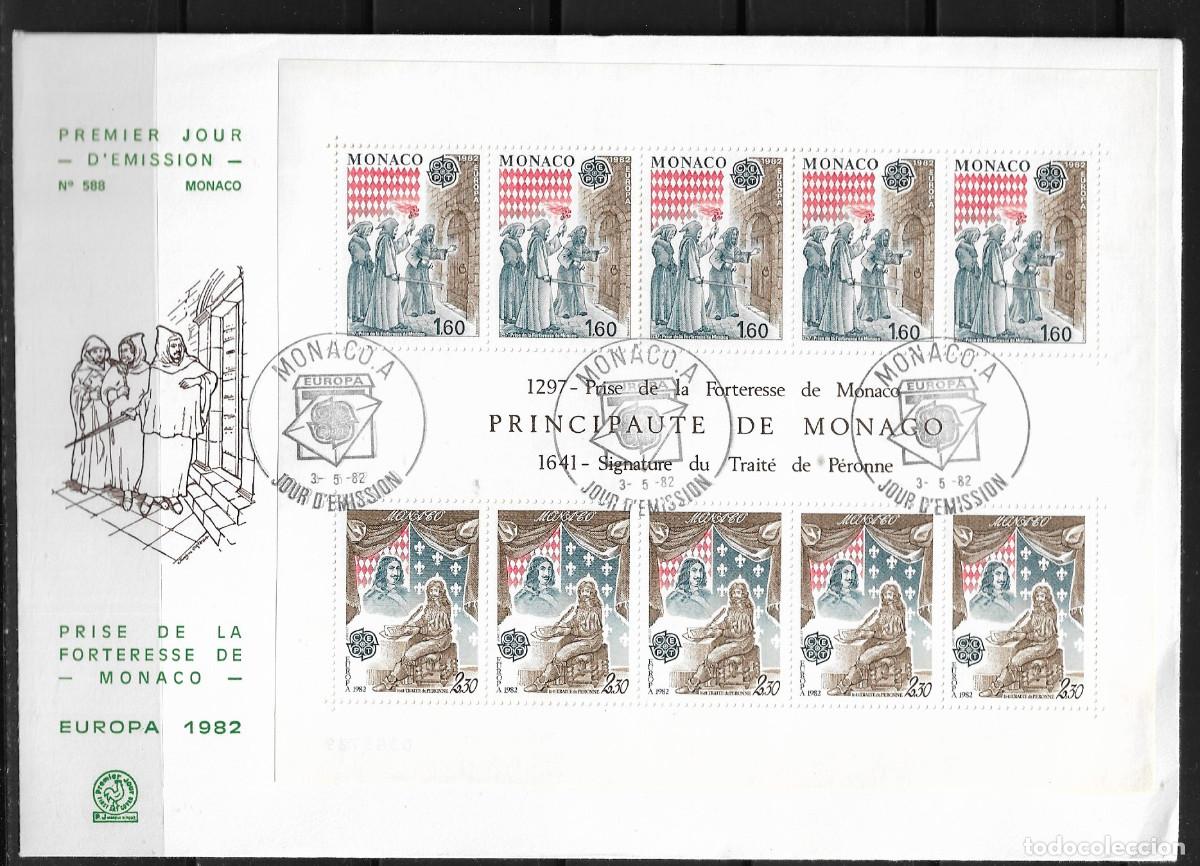Sellos: EUROPA CEPT 1982, M&Oacute;NACO, SOBRE PRIMER D&Iacute;A FDC.DE LA HOJA BLOQUE.