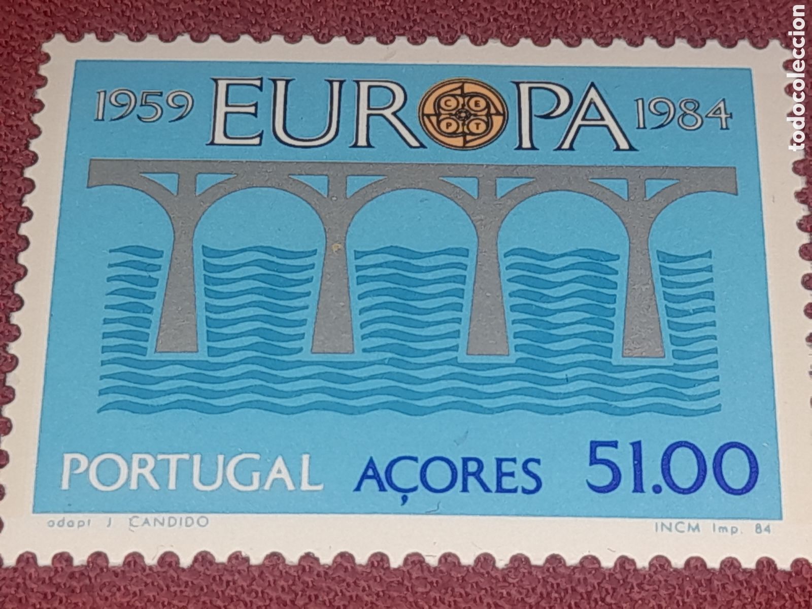 Sellos: Sello Azores nuevo 1984. Emisi&oacute;n conjunta Europa. CEPT. Puente. Arcos. Arquitectura. Dise&ntilde;o com&uacute;n. M