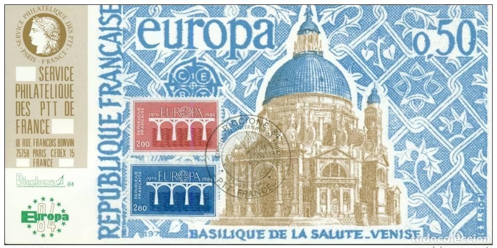 Sellos: 005 Mapa oficial: Exposici&oacute;n Internacional de Riccione 1984 FDC Francia Iglesia la CEPT
