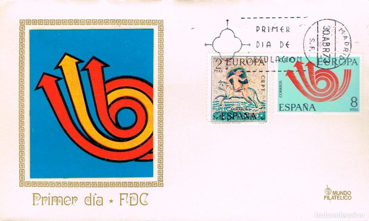 Sellos: EDIFIL 2125/6, EUROPA 1973, RAPTO DE EUROPA, MOSAICO DE MERIDA, PRIMER DIA DE 30-4-1973 MUNDO FILATE