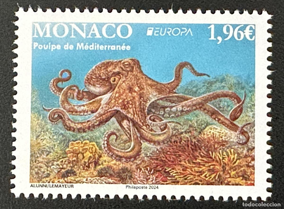 Sellos: M&oacute;naco 2024 YT 3456 Europa CEPT pulpo Mediterr&aacute;neo fauna marina coral