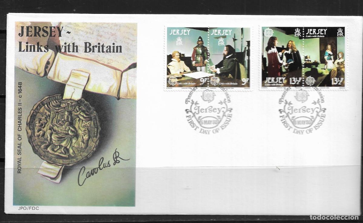Sellos: JERSEY 1980, SOBRE PRIMER D&Iacute;A EUROPA CEPT - FDC.