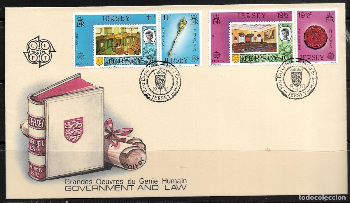 Sellos: JERSEY 1983, SOBRE PRIMER D&Iacute;A EUROPA CEPT - FDC.