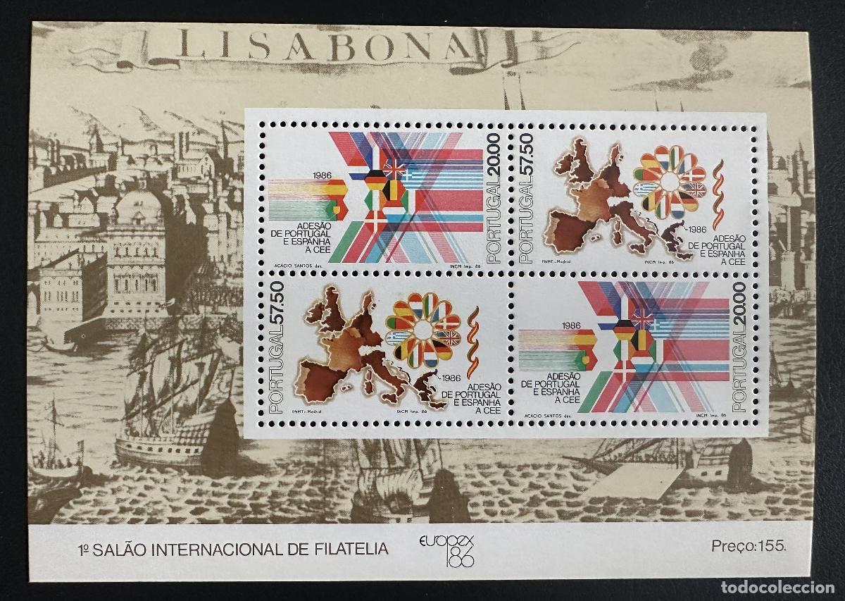 Sellos: Portugal 1986 Mi. Bl. 52 emisi&oacute;n conjunta adhesi&oacute;n CEE banderas Europa