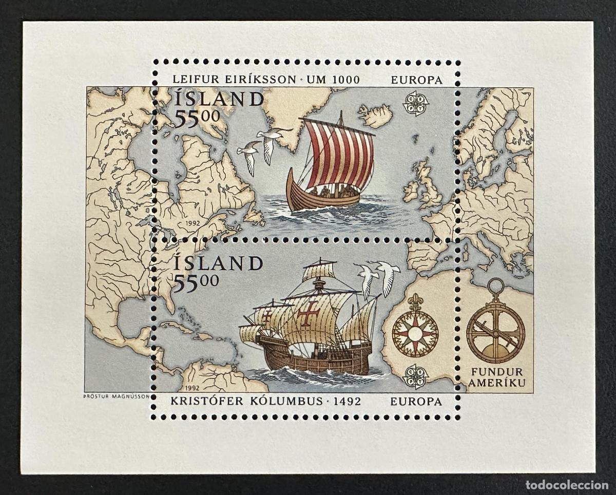 Sellos: Islandia 1992 Mi. Bl. 13 emisi&oacute;n Europa Col&oacute;n Eriksson bloque