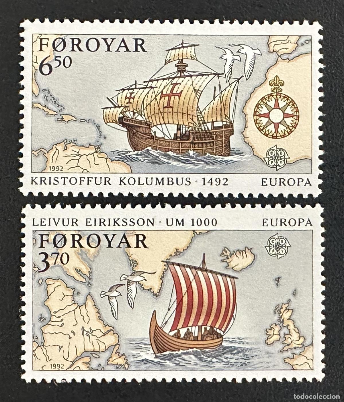 Sellos: Feroe 1992 Mi. 231-232 emisi&oacute;n conjunta Europa Col&oacute;n Eriksson