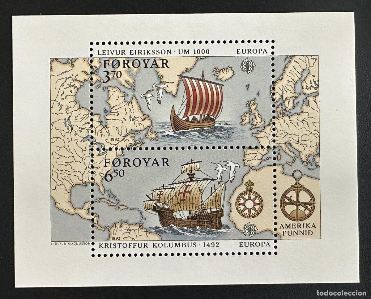 Sellos: Feroe 1992 Mi. Bl. 5 emisi&oacute;n conjunta Europa Col&oacute;n Eriksson barco
