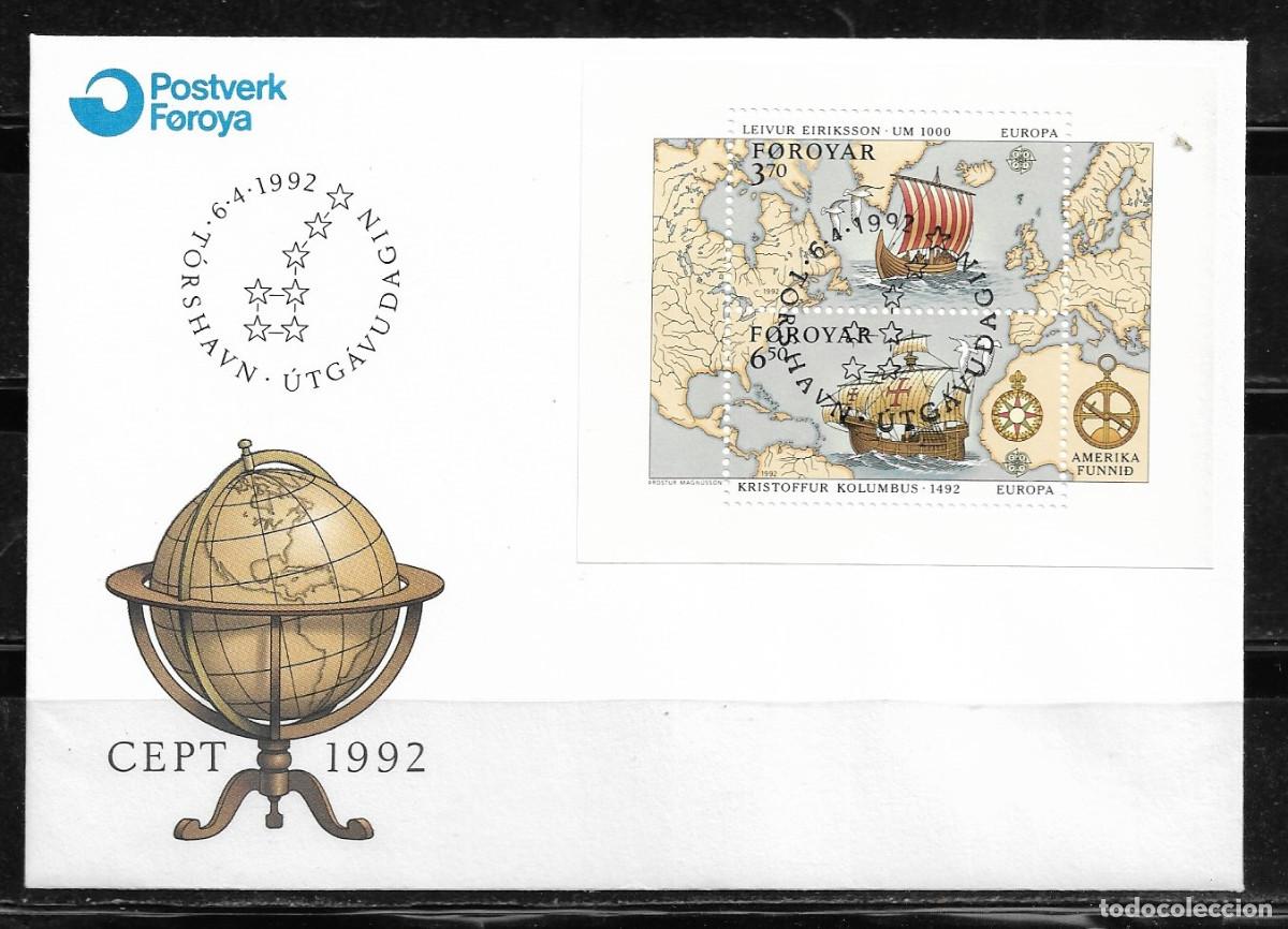 Sellos: FEROE 1992, SOBRE PRIMER D&Iacute;A EUROPA CEPT - PROCEDENTE DE LA HOJA BLOQUE - FDC.