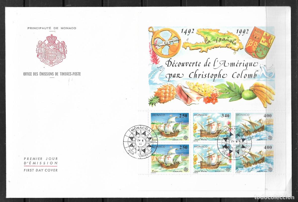 Sellos: MONACO 1992, SOBRES PRIMER D&Iacute;A EUROPA CEPT - PROCEDENTE DE LA HOJA BLOQUE - FDC.